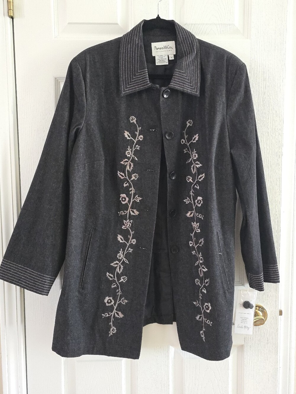 NEW Pamela McCoy Collections 1X Jacket Button Front Floral Embroided Charcoal
